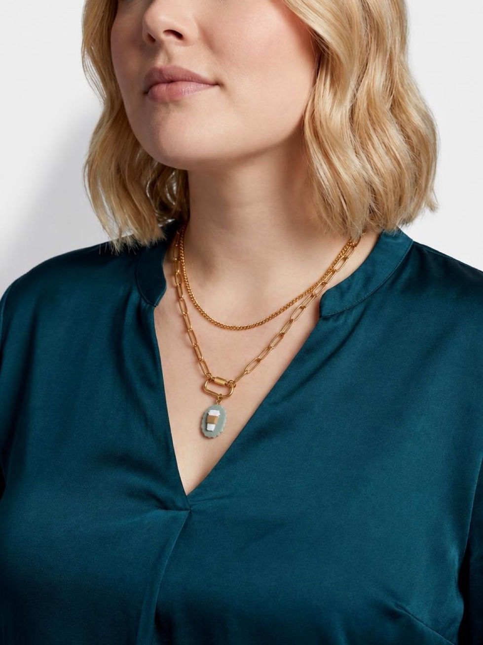 Model wearing Cozy Cup - Polymer Clay Charm styled on 18K Gold PVD Plated Layered Carabiner Necklace