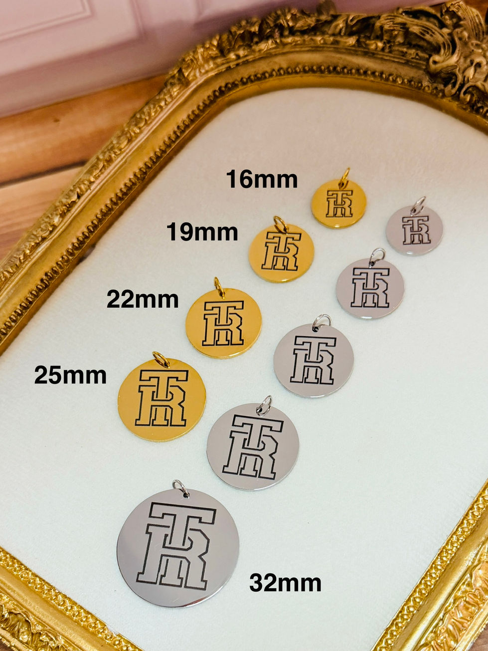 TR - Engraved Medallion Charms shown in five sizes and both 18K Gold and Polished SS Finishes