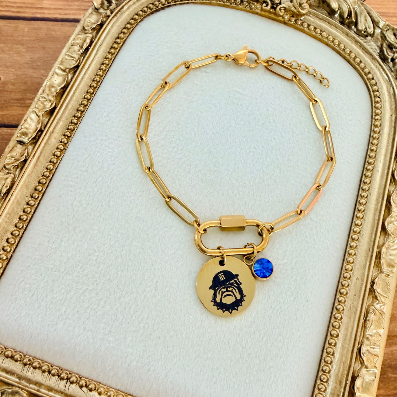 Carabiner Medallion Bracelet with Devildog charm shown in 18K Gold PVD Plated SS