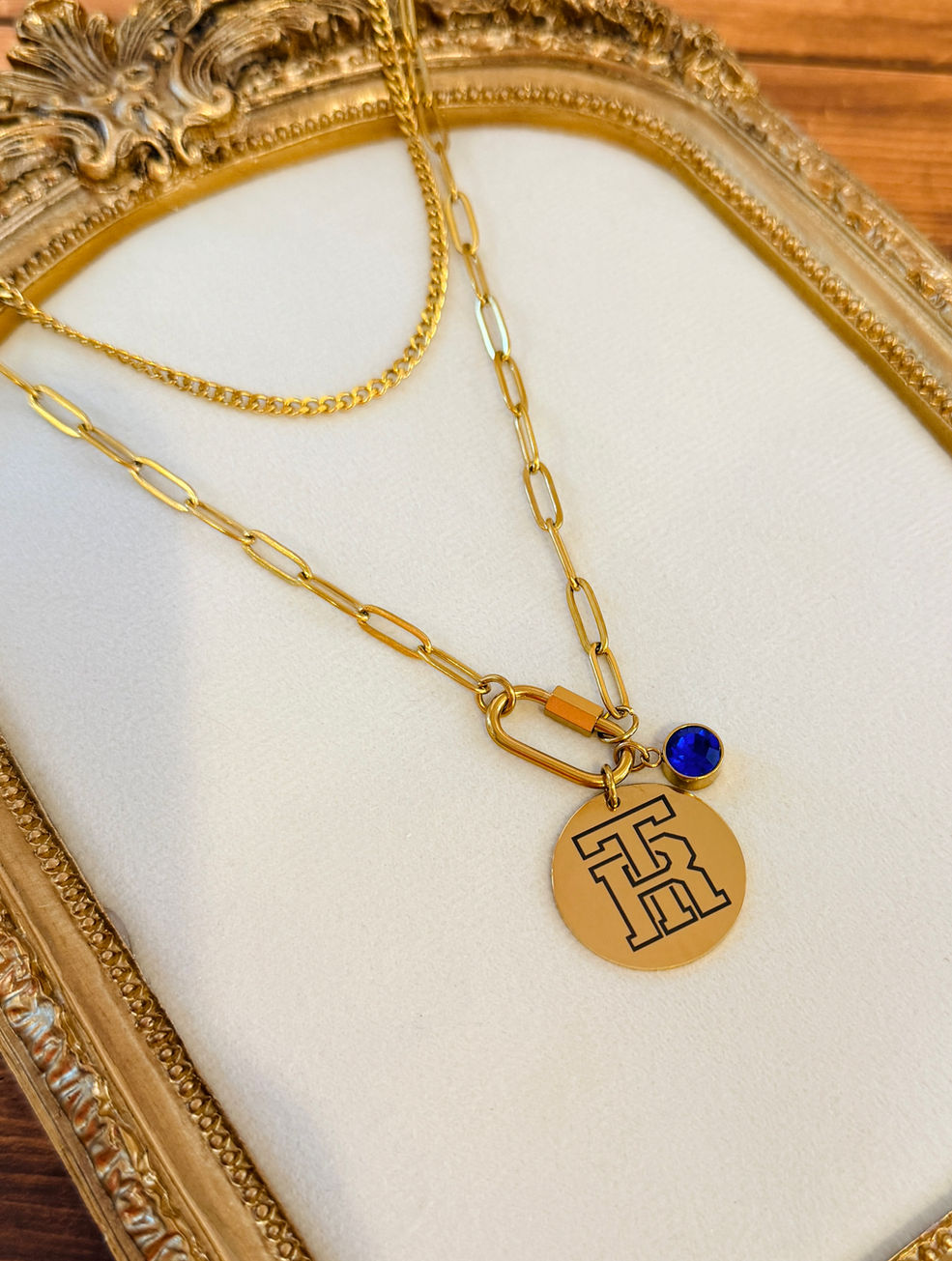 TR - Layered Carabiner Medallion Necklace shown in 18K Gold PVD Plated SS
