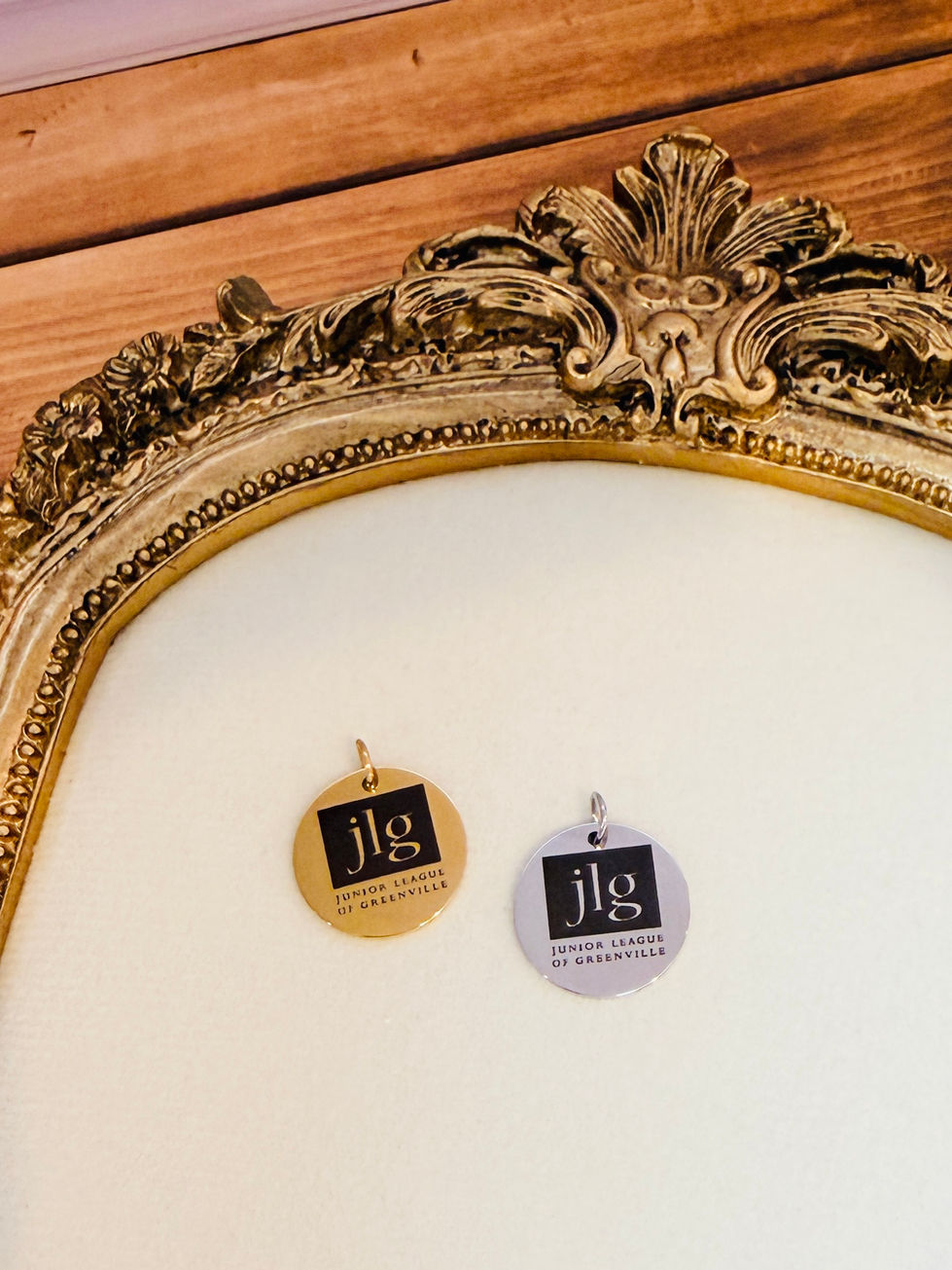 19mm JLG Engraved Medallion Charm shown in both finishes