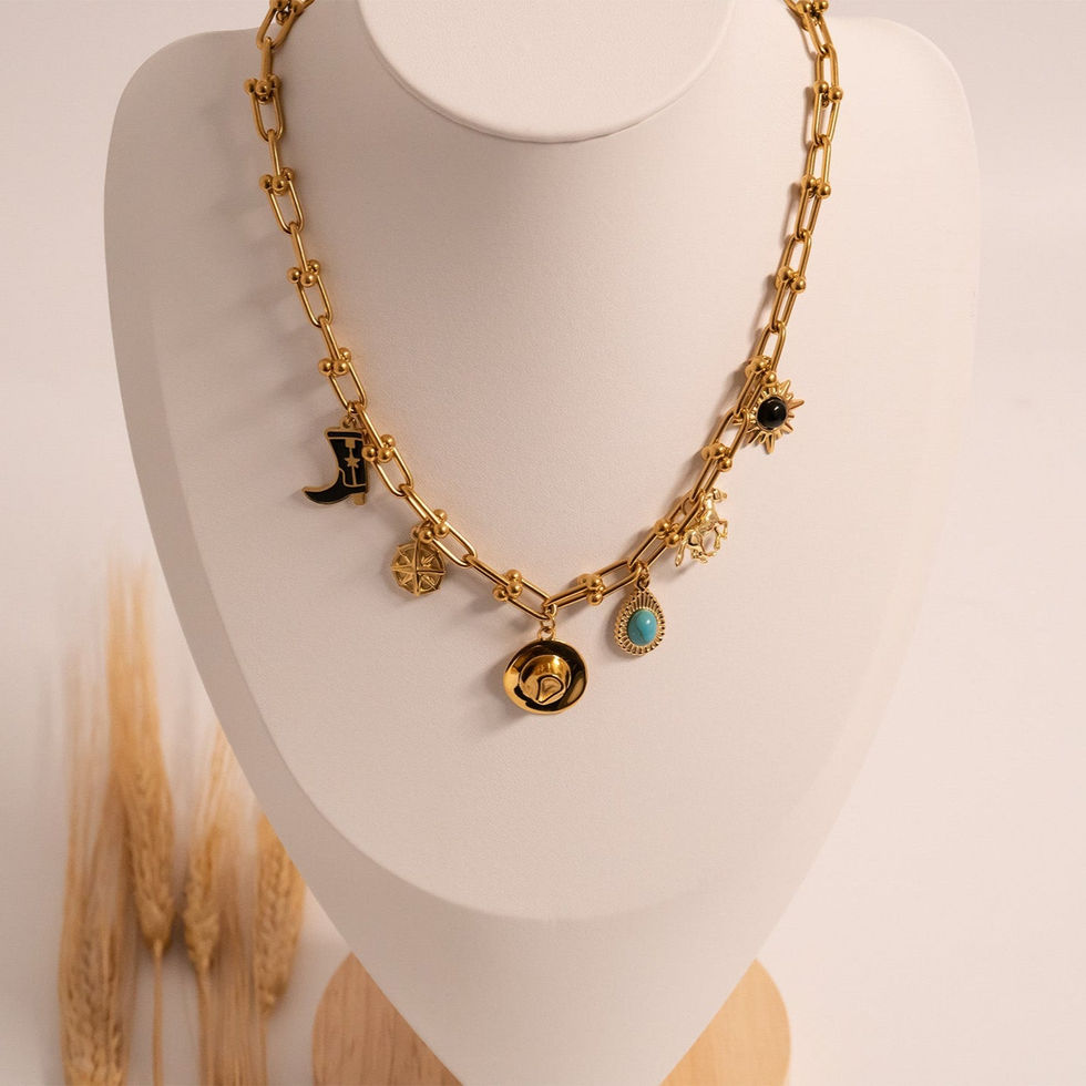 Compass Charm shown in 18K Gold PVD Plated Stainless Steel on Paperclip Chain Necklace with charms
