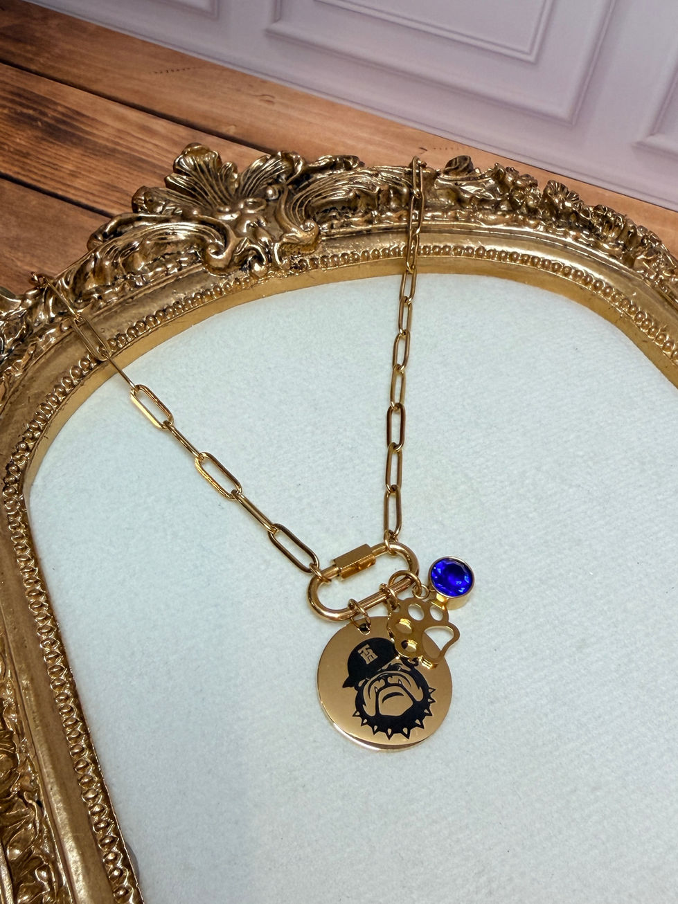 Devildog Carabiner Mediallion Necklace shown in 18K gold PVD Plated SS Finish