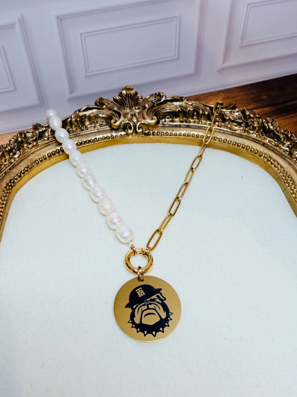 Devildog Pearl & Paperclip Charm Necklace shown in 18K Gold PVD Plated SS