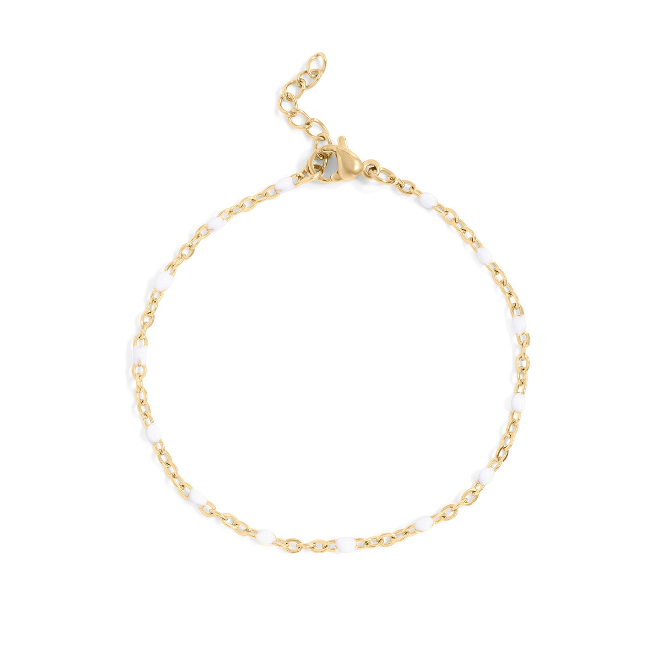 Petite Enamel Station Bracelet shown in 18K Gold PVD Plated Stainless Steel with white enamel beads