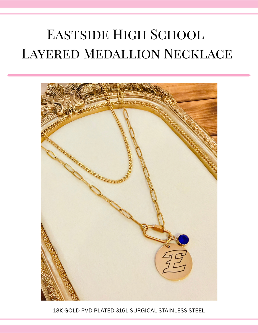 EHS Stylized E Medallion - Layered Carabiner Medallion Necklace - Shown in 18K Gold PVD Plated SS