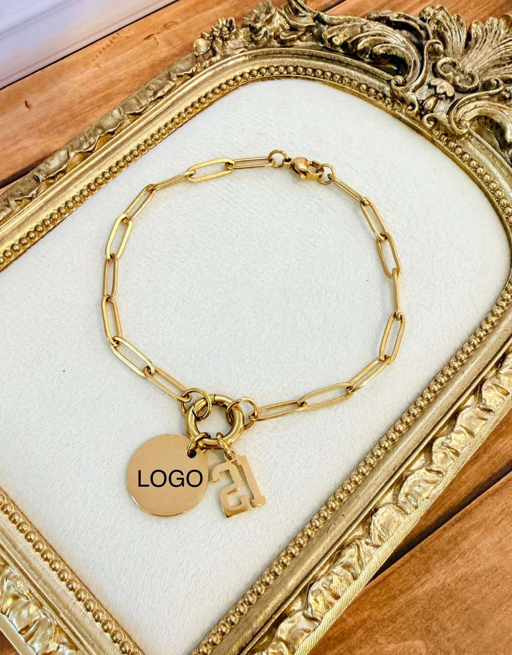 Jersey Number Charm 21 shown on Charm Keeper Medallion Bracelet in 18K Gold finish