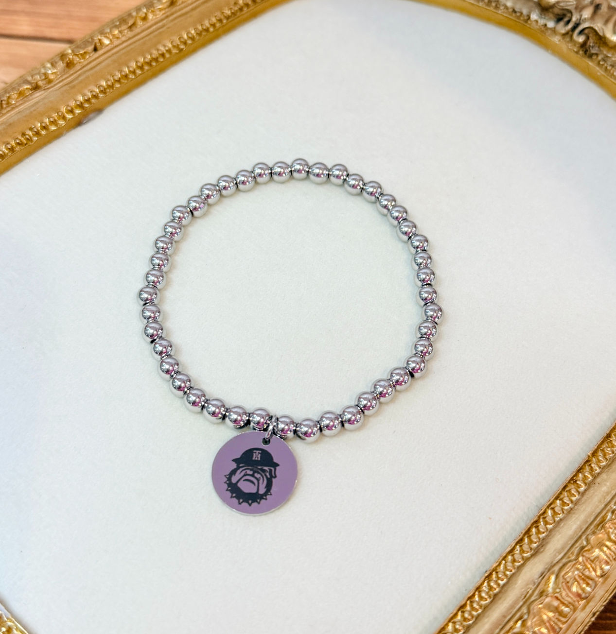 Devildog Medallion Beaded Stretch Bracelet shown in Polished SS