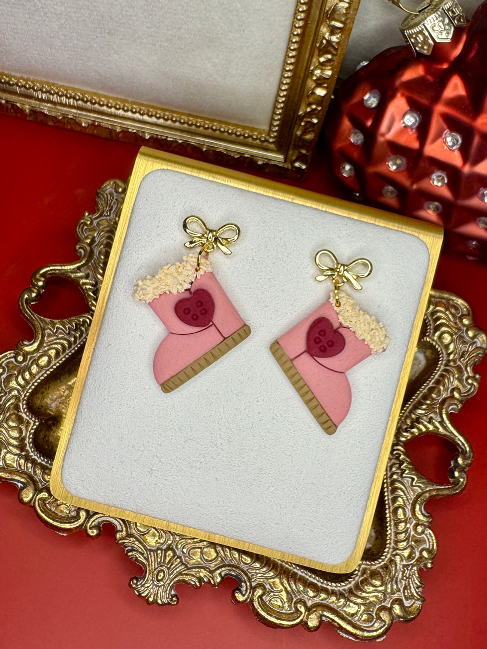 Pink Be Mine Boots earrings with hearts and bows