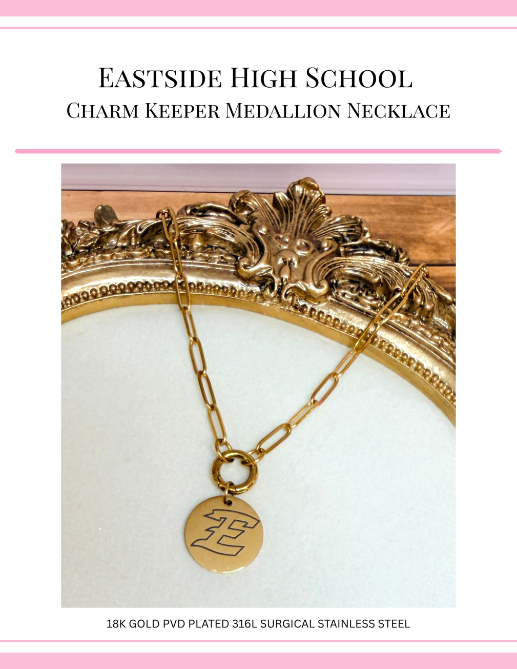 EHS - Stylized E - CHARM KEEPER MEDALLION NECKLACE - 18K Gold PVD Plated SS