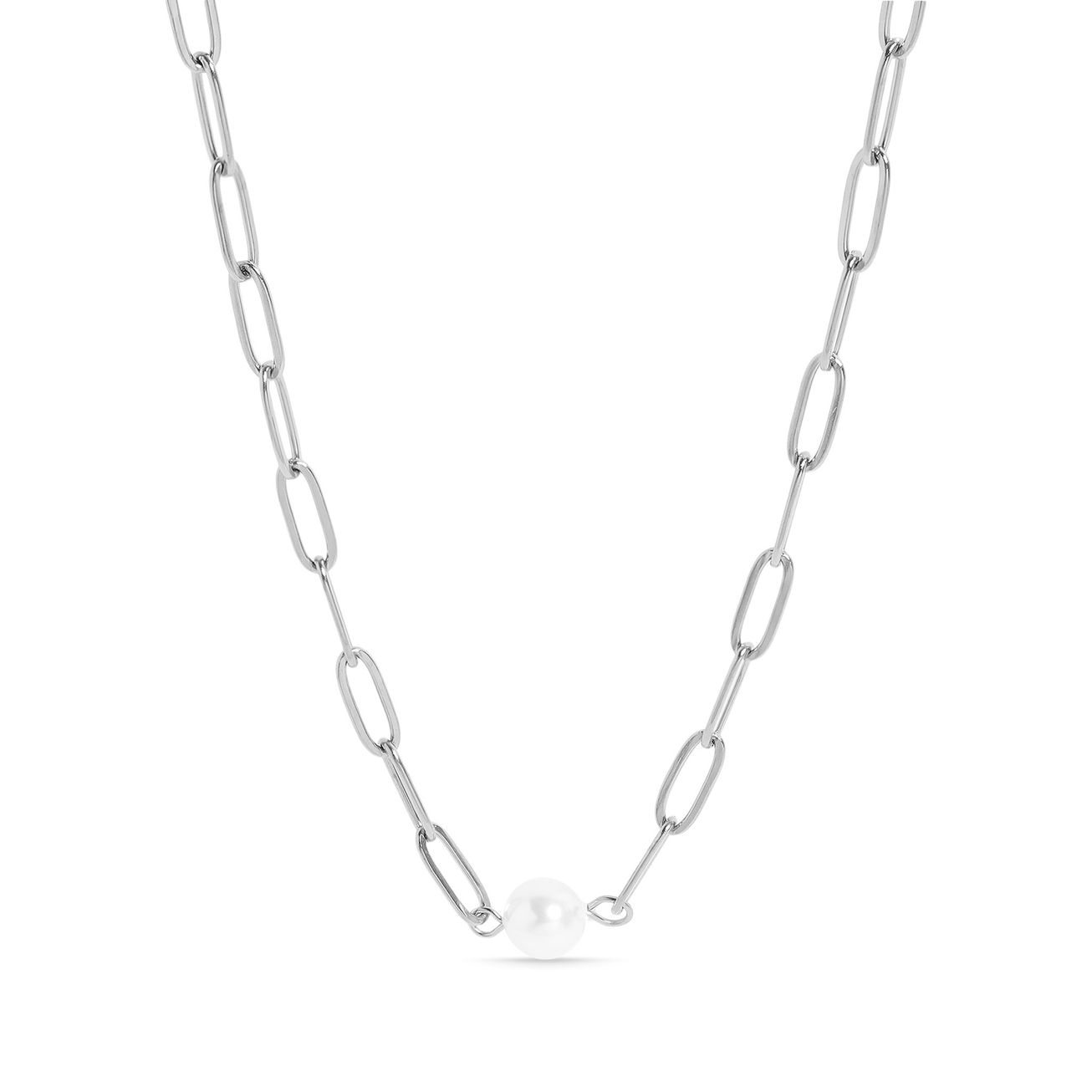 Station Paperclip Pearl Necklace in Polished 316L Surgical Stainless Steel