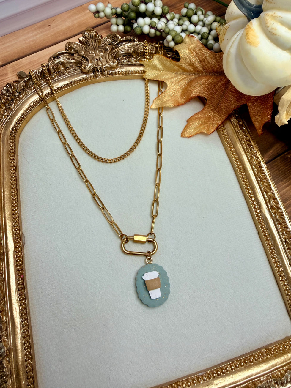 Cozy Cup - Polymer Clay Charm styled on 18K Gold PVD Plated Layered Carabiner Necklace