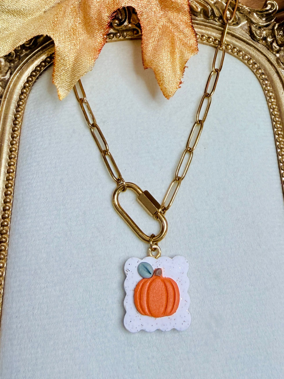 Pumpkin Patch - Polymer Clay Charm styled on 18K Gold PVD Plated Carabiner Necklace