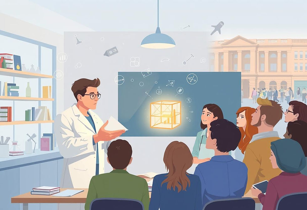 un científico que entrega un «cubo del conocimiento» brillante a un grupo diverso de personas