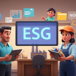 Personas colaborando alrededor de una gran pizarra digital flotante que muestra las letras «ESG».