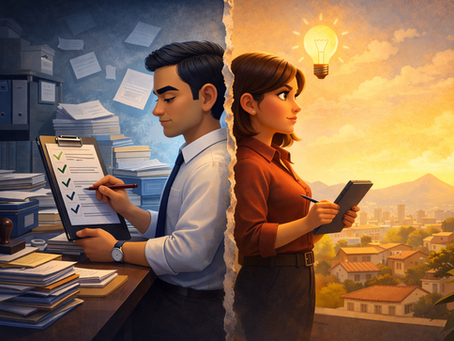 Ilustración estilo Pixar de un profesional latinoamericano reflexionando frente a documentos, simbolizando la tensión entre cumplimiento institucional y comunicación estratégica centrada en las personas.