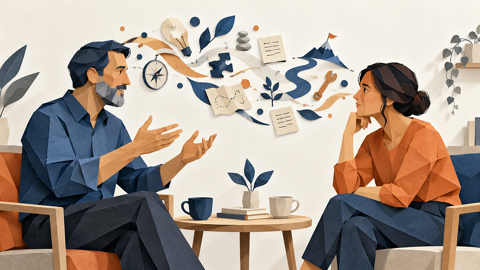 Ilustración conceptual de dos personas conversando, con símbolos visuales entre ambas que representan la transmisión de conocimiento tácito, experiencia y aprendizaje compartido.