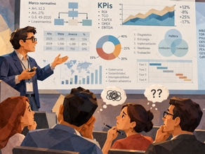 Conferencista presenta información técnica con gráficos, indicadores y términos especializados ante una audiencia que muestra dificultad para comprender el contenido