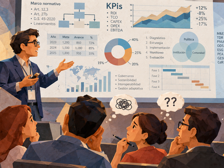 Conferencista presenta información técnica con gráficos, indicadores y términos especializados ante una audiencia que muestra dificultad para comprender el contenido