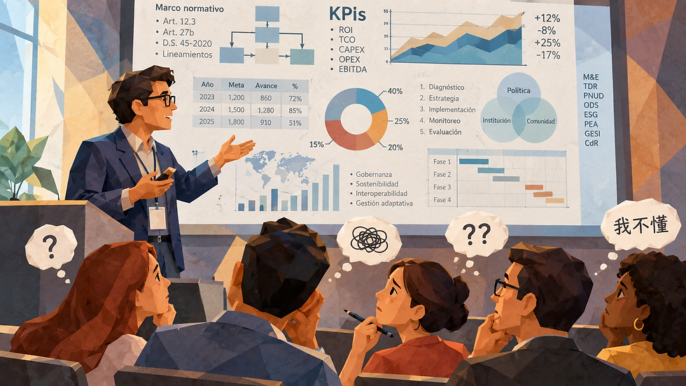 Conferencista presenta información técnica con gráficos, indicadores y términos especializados ante una audiencia que muestra dificultad para comprender el contenido