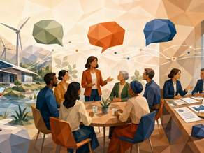 Ilustración low poly que muestra la comunicación como vínculo entre las dimensiones ambiental, social y de gobernanza de una organización.