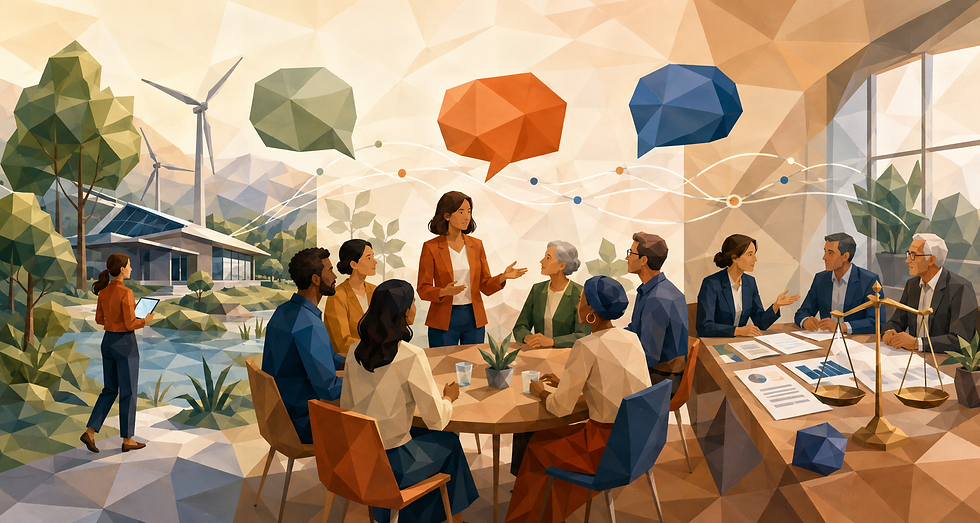 Ilustración low poly que muestra la comunicación como vínculo entre las dimensiones ambiental, social y de gobernanza de una organización.