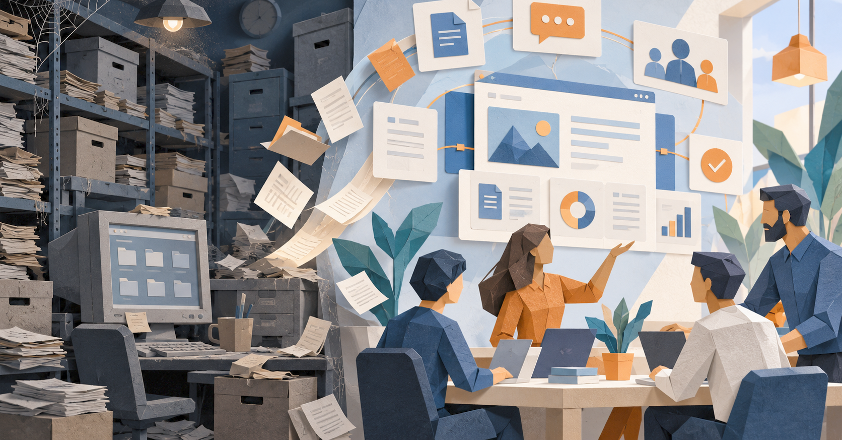 Ilustración que contrasta una oficina con archivos físicos desordenados y telarañas con un espacio de trabajo digital moderno donde un equipo colabora frente a paneles de información organizada, representando la evolución de la intranet corporativa