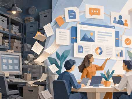 El contraste de una oficina con archivos físicos desordenados contrasta con un espacio de trabajo digital moderno donde un equipo colabora frente a paneles de información organizada, representa la evolución de la intranet corporativa