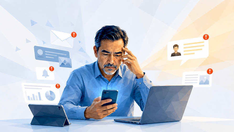 Ilustración low poly de un hombre frente a una laptop, una tablet y un celular, rodeado de notificaciones digitales, que representa la sobrecarga informativa y la dificultad de mantener la atención.