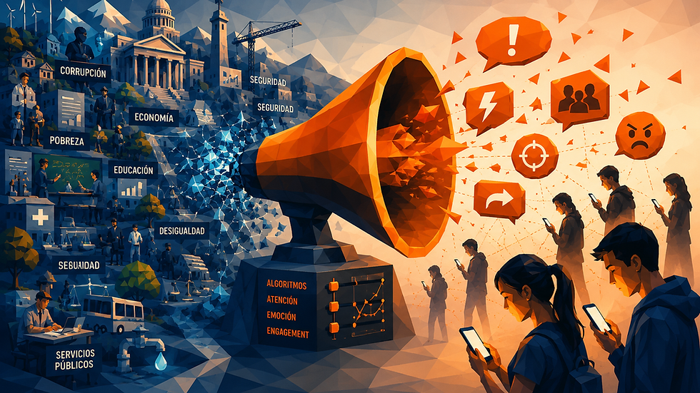 lustración low poly de una realidad social compleja que es transformada por un megáfono en mensajes simples y emocionales consumidos en teléfonos móviles.
