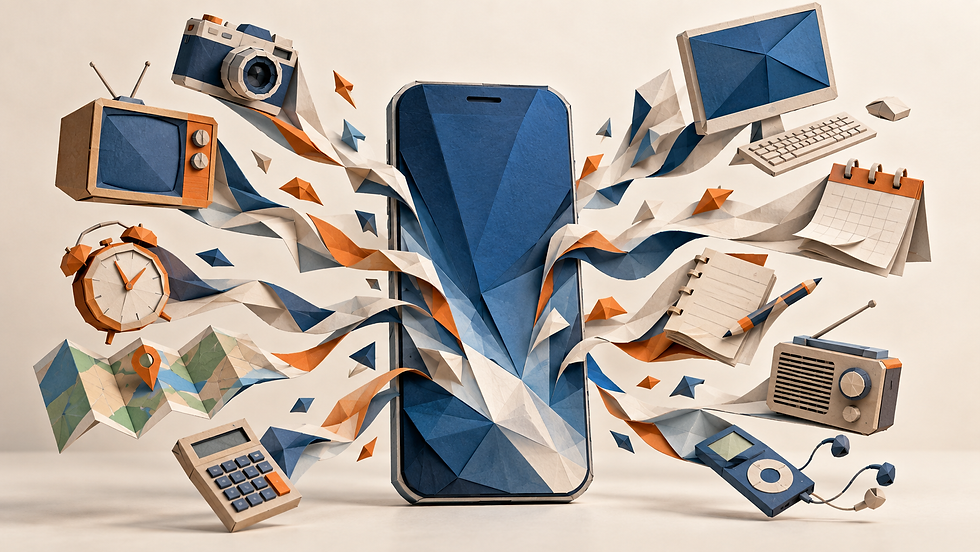Ilustración en papel poligonal de un celular que absorbe una cámara, televisión, computadora, reloj, calendario, mapa, radio y otros objetos cotidianos.
