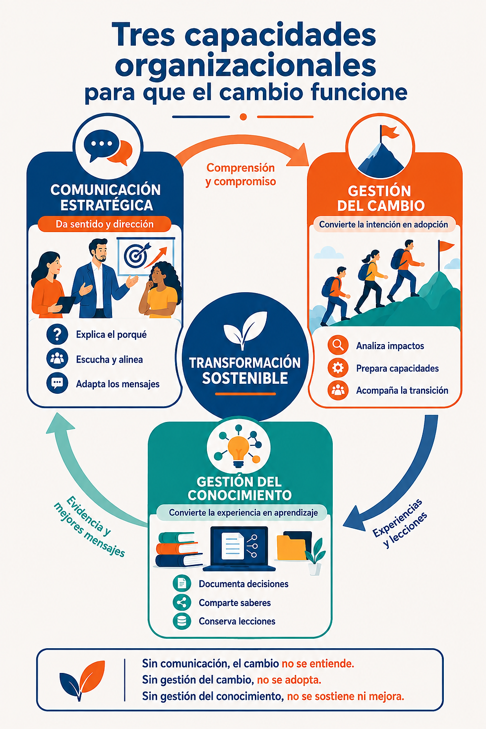 Infografía sobre tres capacidades organizacionales: comunicación estratégica, gestión del cambio y del conocimiento, con flechas e iconos.