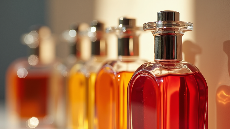 Close-up view of a collection of vibrant perfume bottles