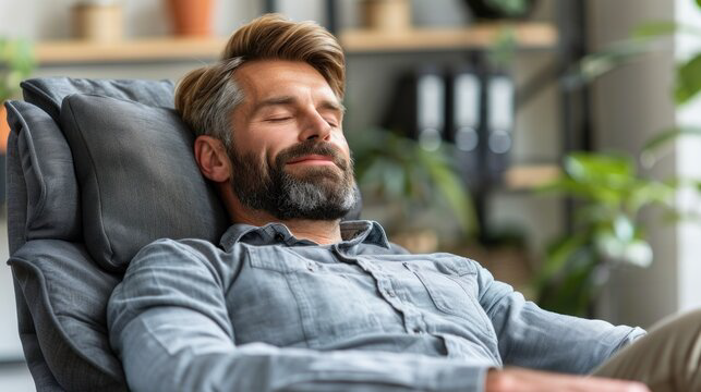 A man relaxes in a comfortable reclining chair, eyes closed, enjoying a moment of peace an