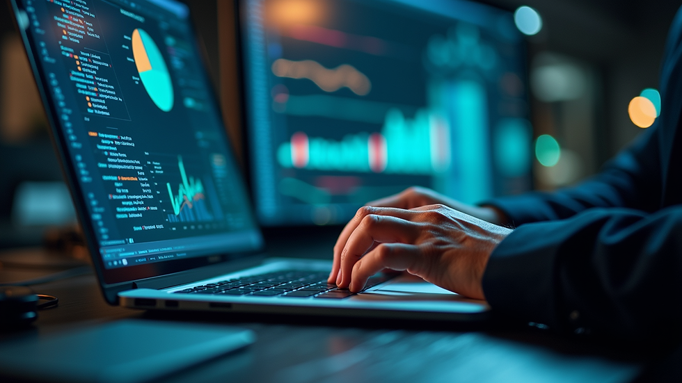 Eye-level view of a cybersecurity consultant analyzing data on a laptop