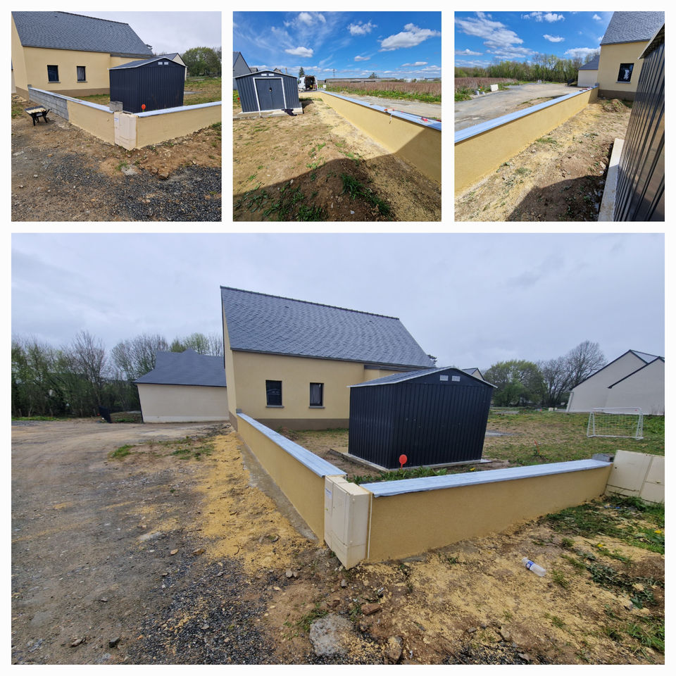 Création d'un mur de clôture avec la pose d'un enduit coloré monocouche gros grain finition grattée