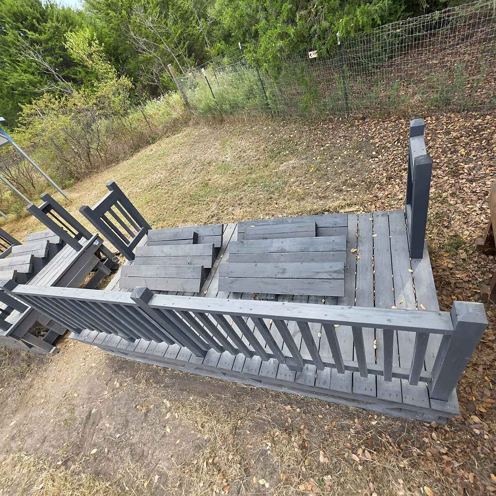 Thumbnail: pre built 6x12 grey stained deck with wood railing and step