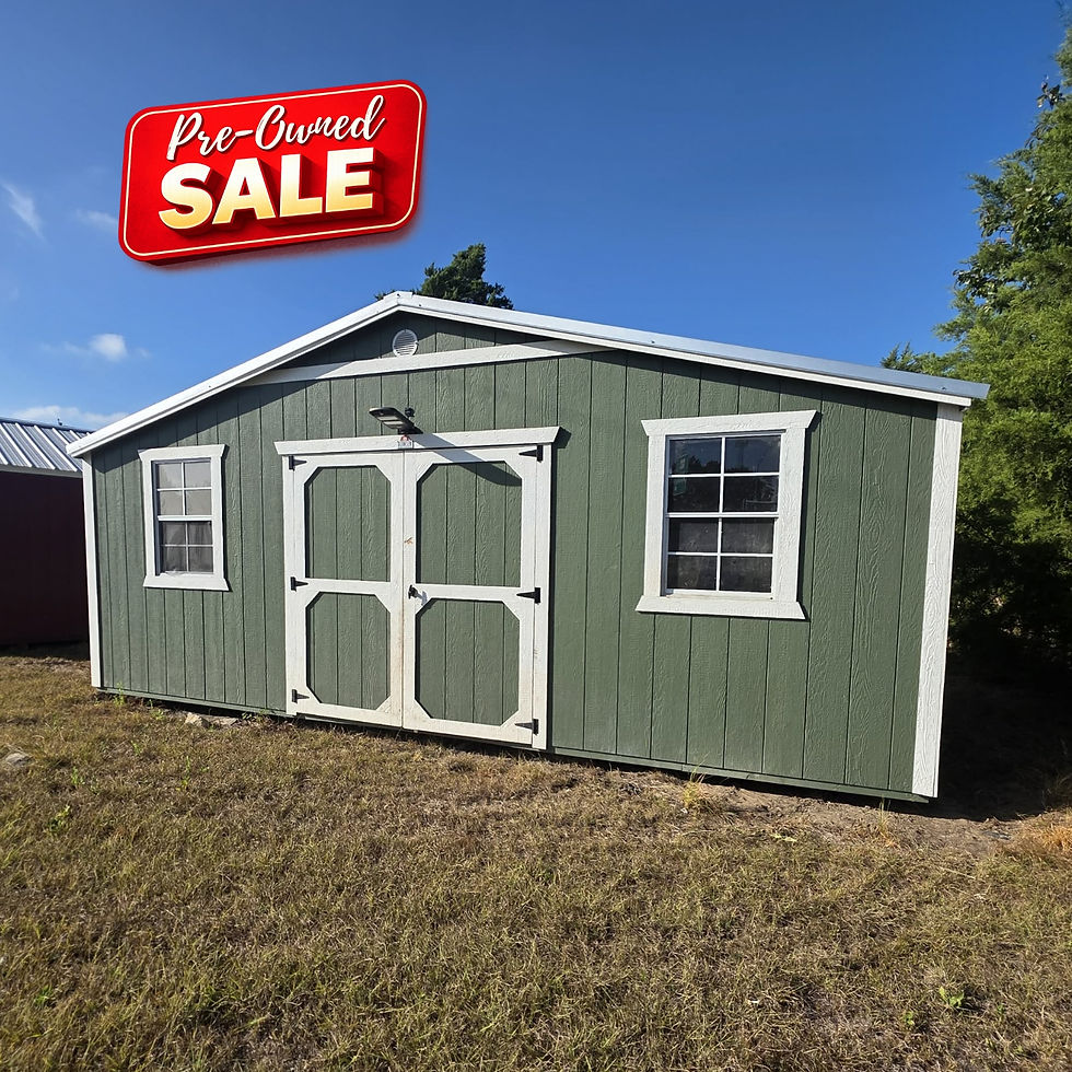 Front view of a 10x20 pre-owned Best Value wood Side Utility Shed with double doors and windows