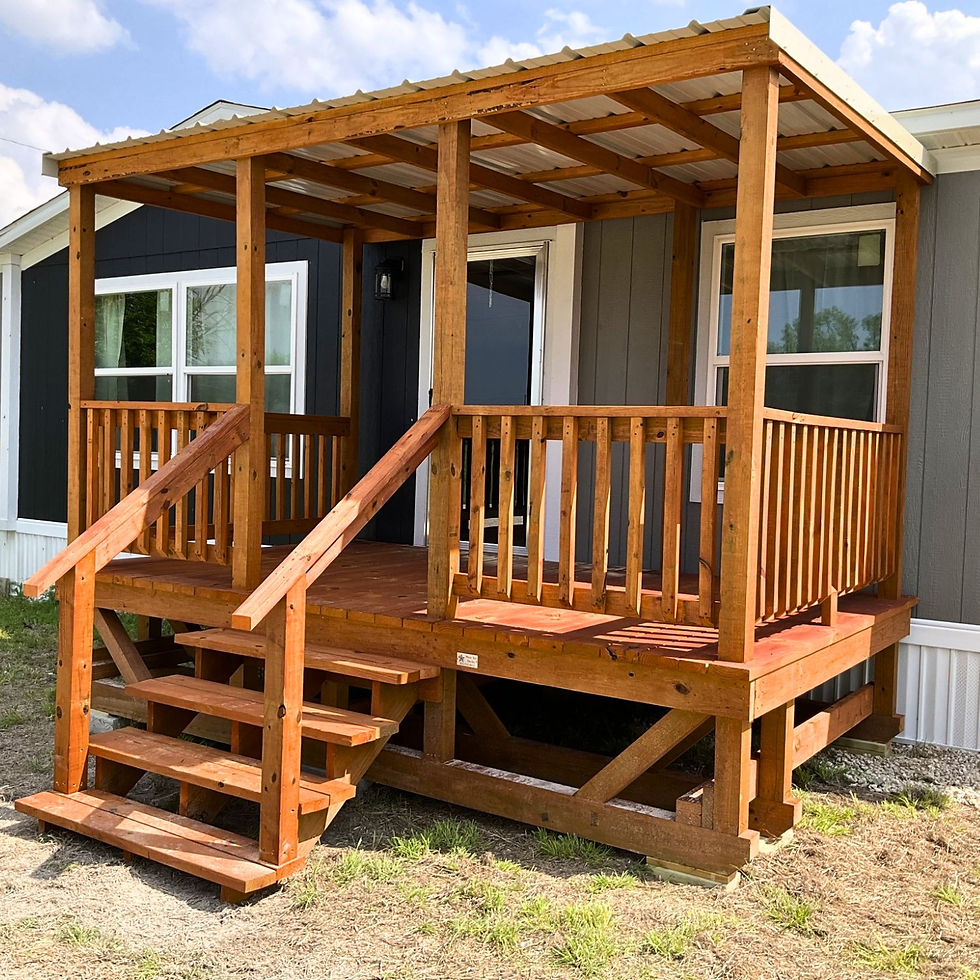 8x12 stained portable porch with standard roof and steps in Texas