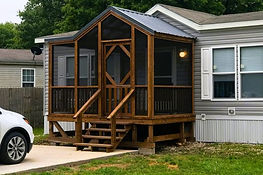 Portable porch with Danish Brown stain for mobile homes, cabins and RVs in Texas