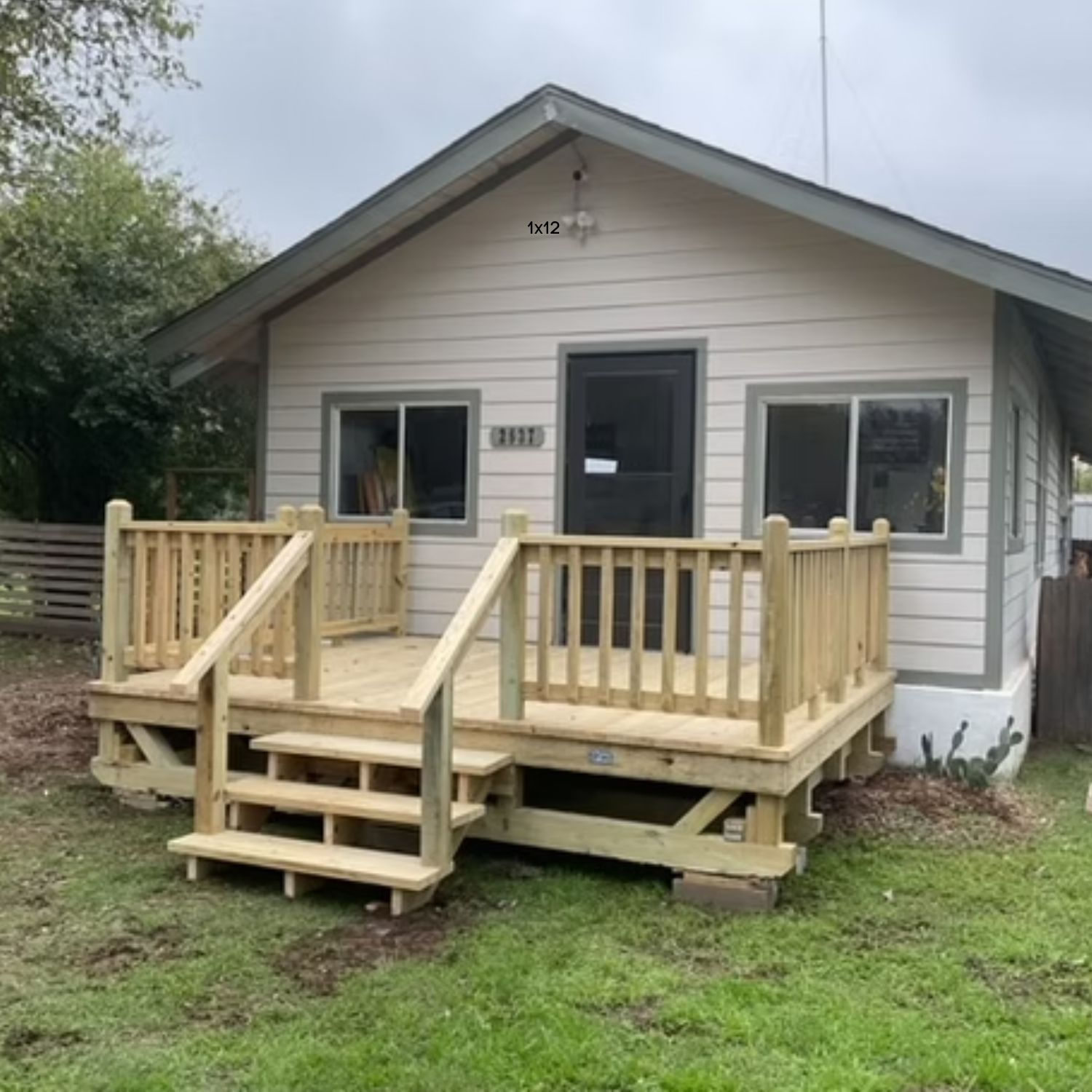 12x12 natural portable deck for mobile homes, tiny homes, and RVs.