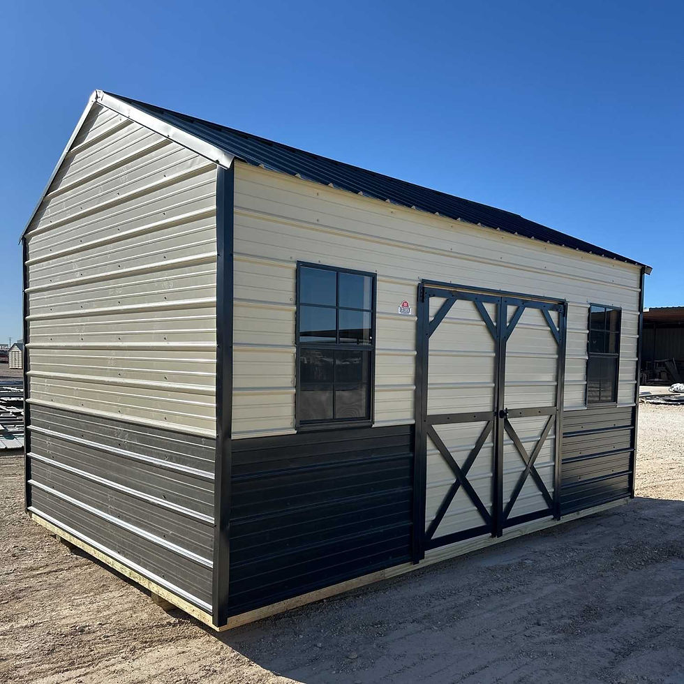 10x16 side utility metal shed with two tone wainscot siding and black framed windows