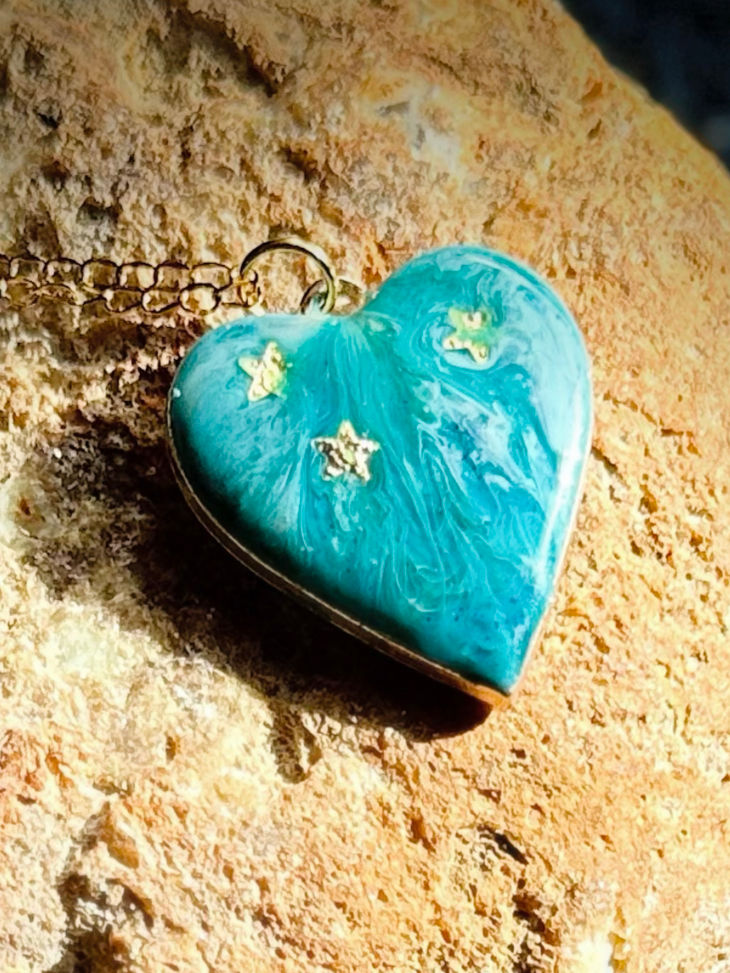Ocean-Inspired Heart Resin Necklace with Gold Star Accents