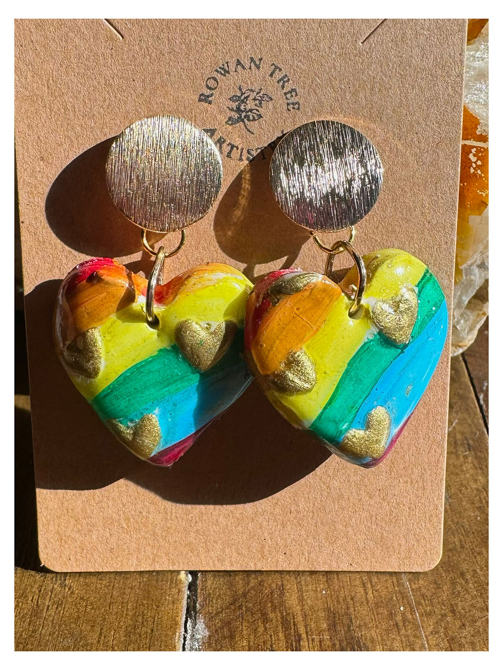 Thumbnail: Rainbow Heart Earrings with 18K Gold-Plated Textured Studs