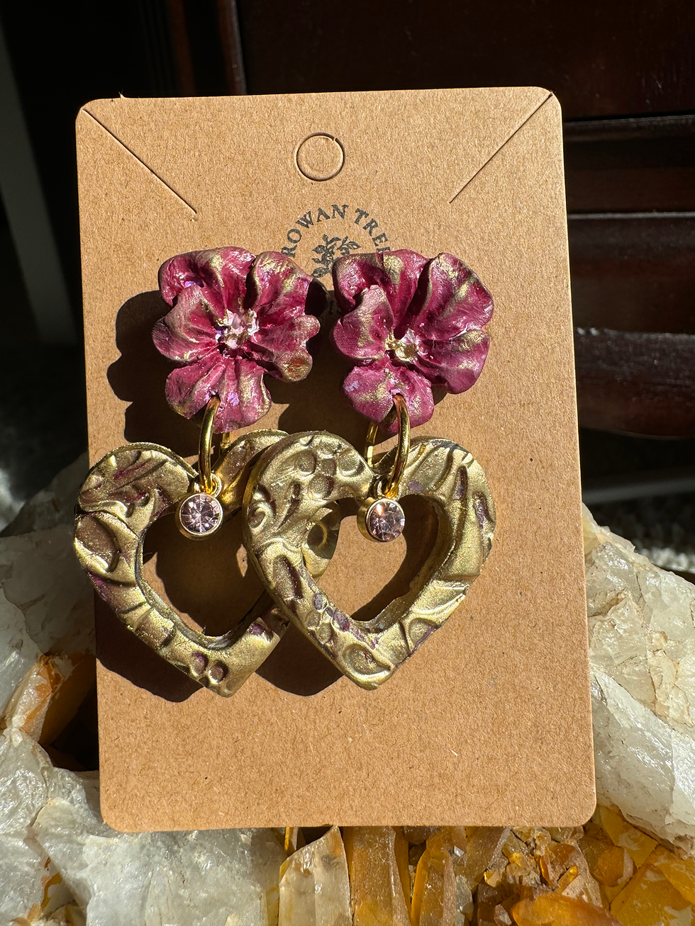 Thumbnail: Gilded Heart Earrings with Floral Studs and Pink Crystal Accents