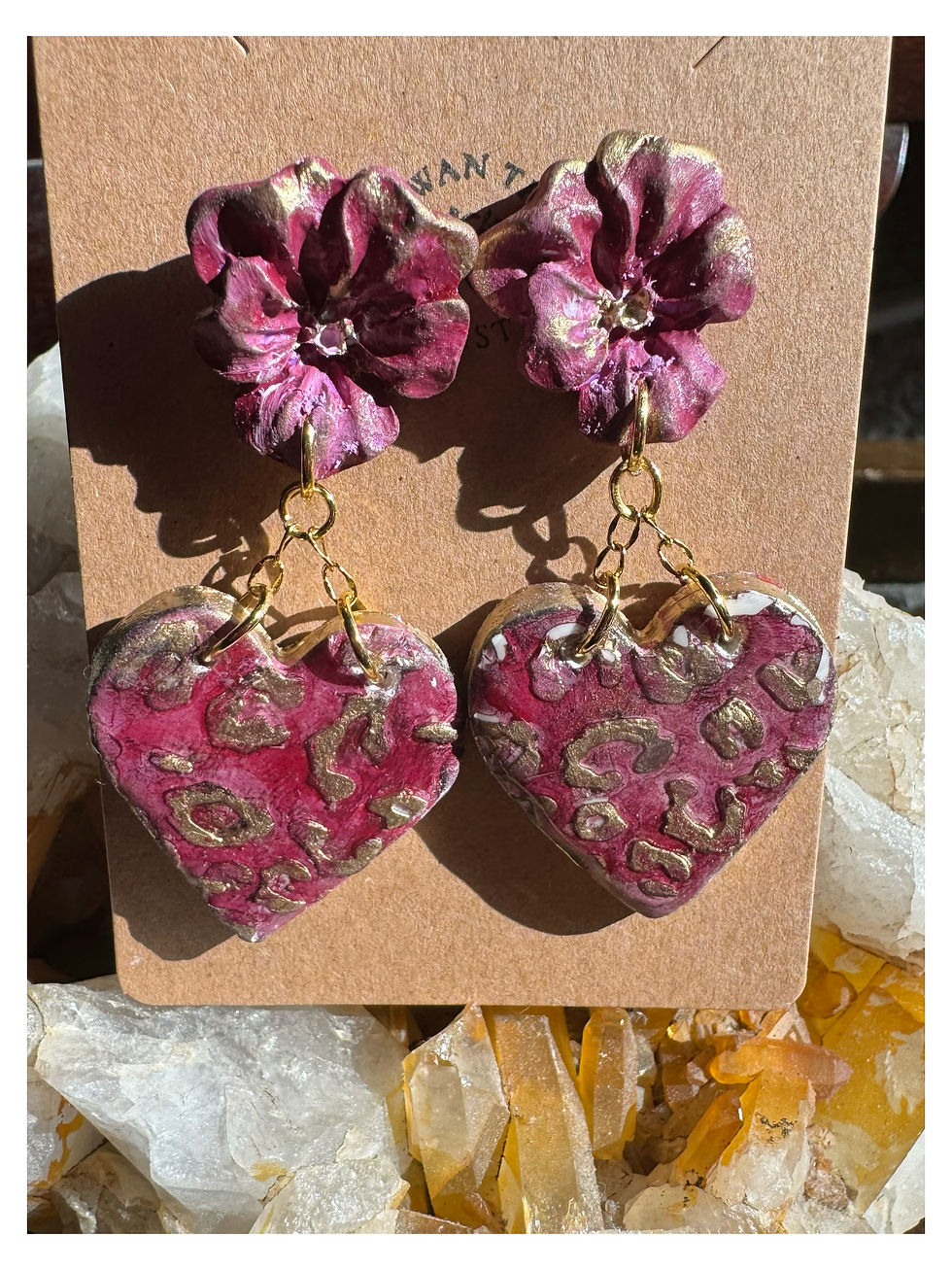 Thumbnail: Magenta Floral and Heart Earrings with Gold Leaf Accents