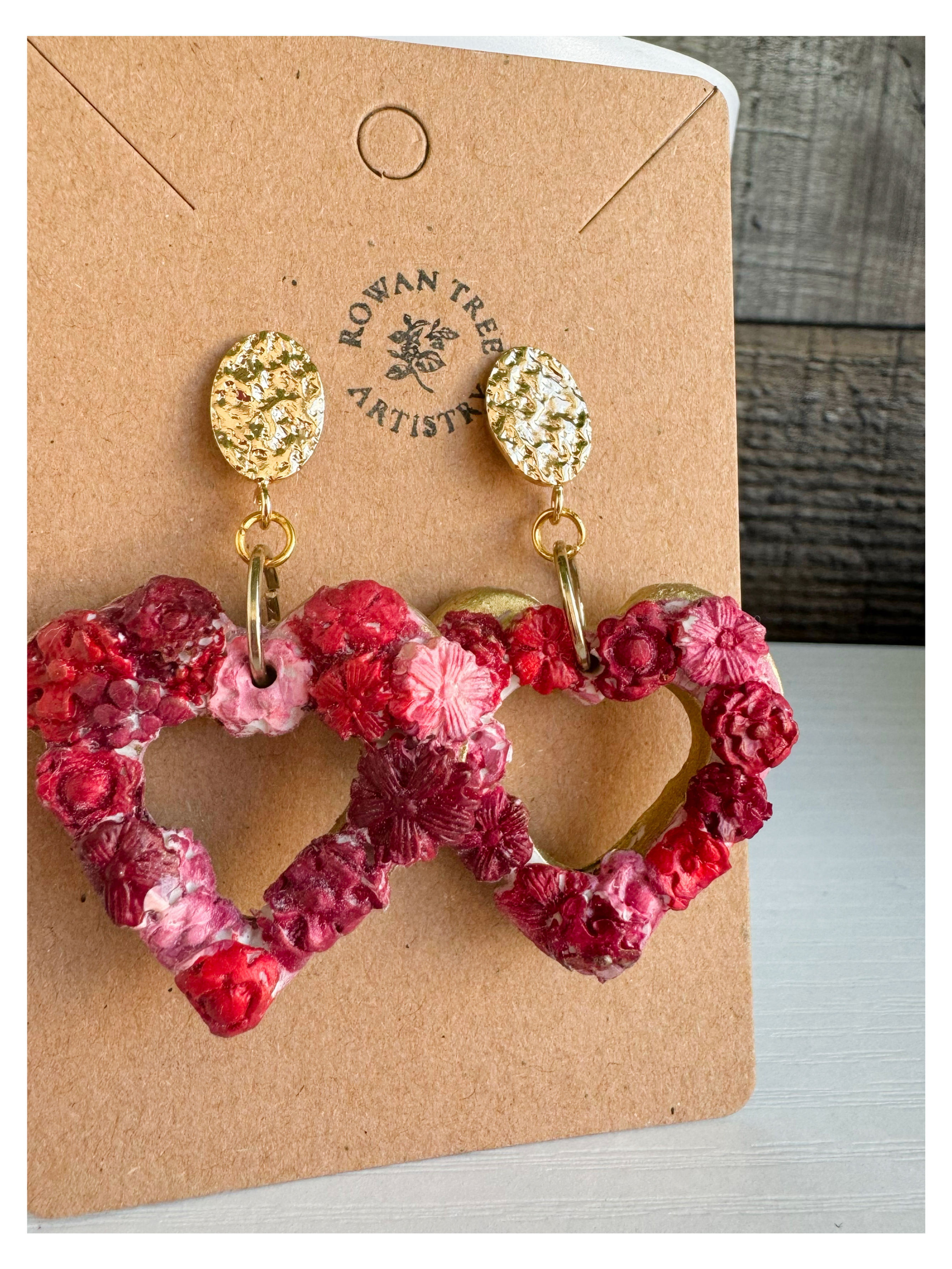Textured Floral Heart Earrings with Gilded Studs