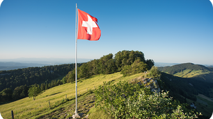 Die Schweizer Fahne weht auf einer grünen, sanften Hügelkuppe.