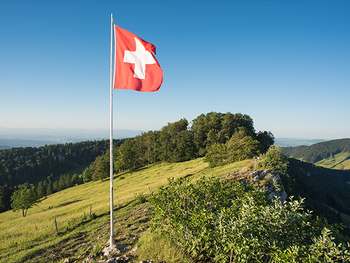 Swiss flag waving on a green, rolling hilltop.