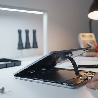 Vue rapprochée d'une tablette en cours de réparation dans un atelier moderne